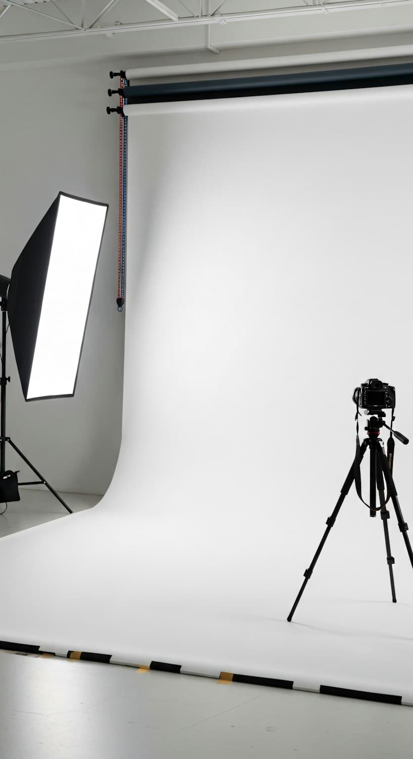 Studio set with a softbox light, paper backdrop and a camera on a tripod