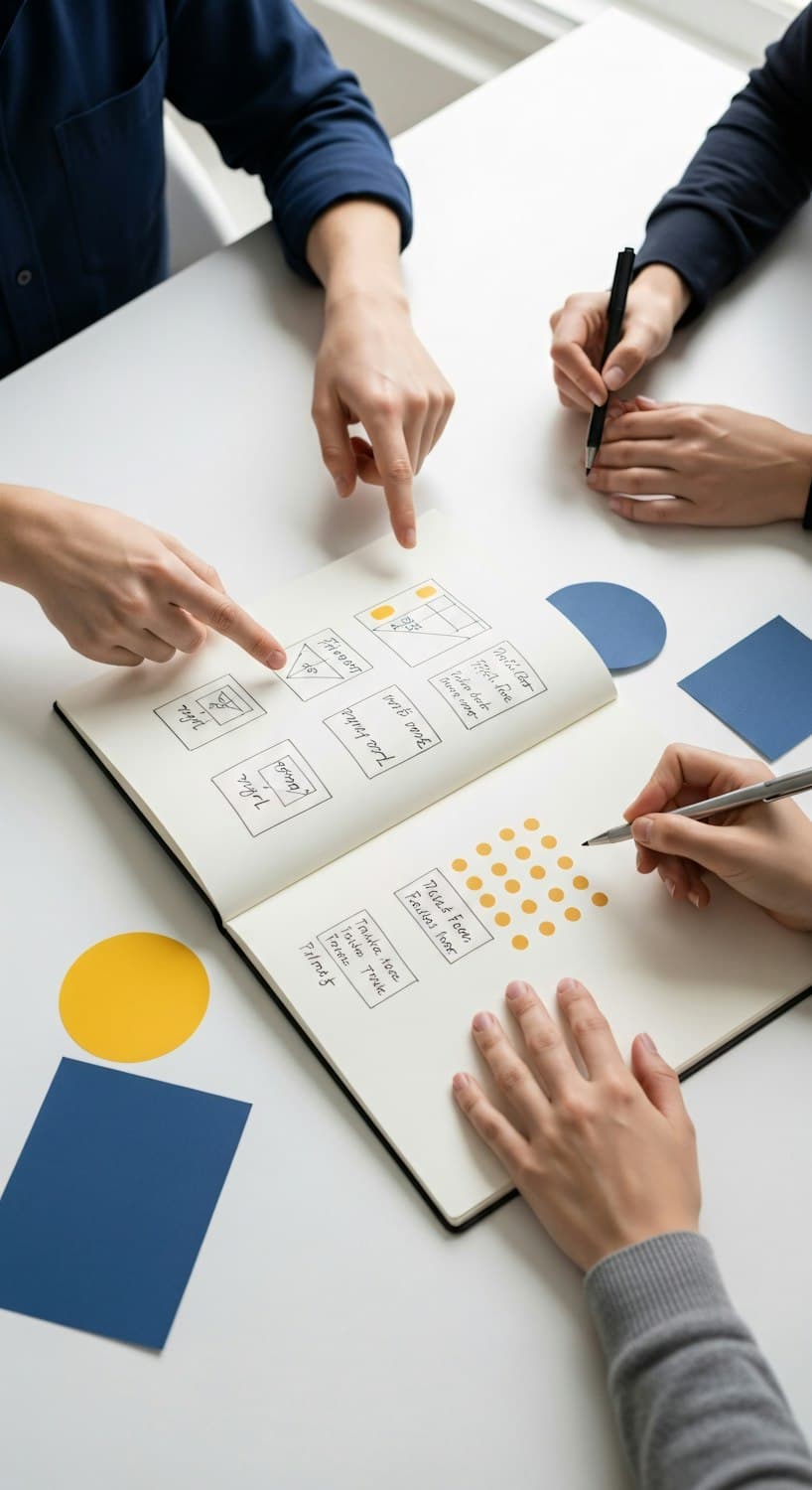 Producers sketching an event concept and storyboard in a notebook